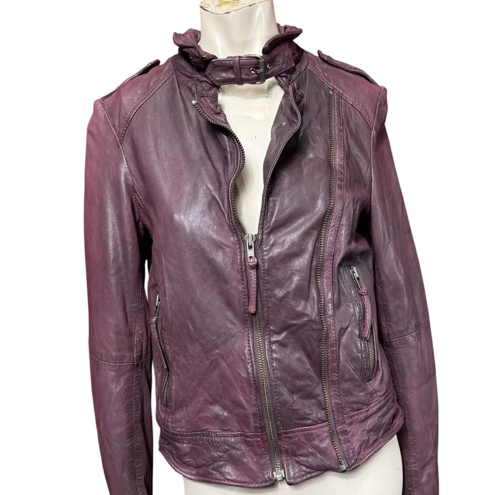 Muubaa Y2K Lamb Leather Biker Jacket Buckle Neck Purple Size 6